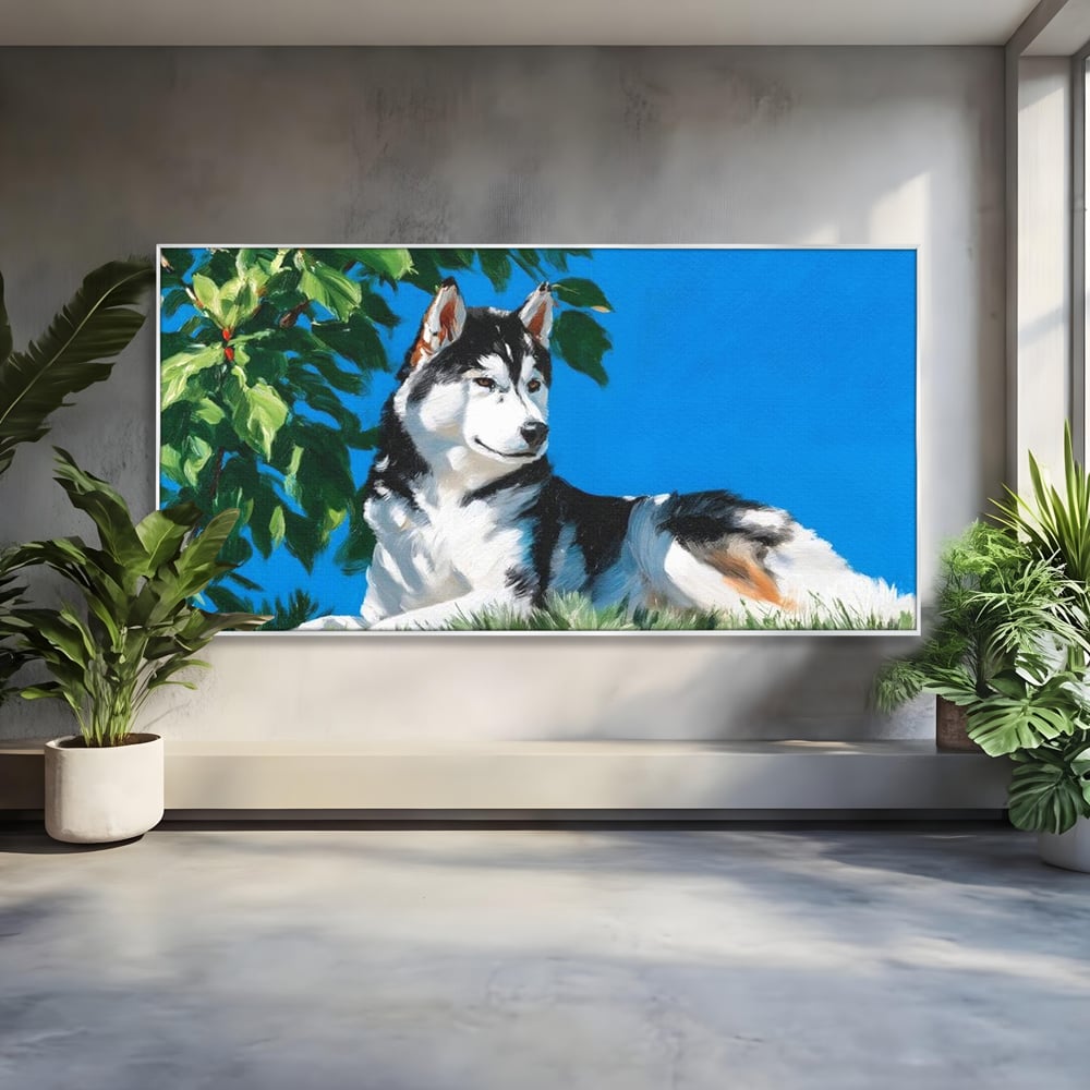 Tablou canvas cu tablou canvas cu husky sub copac, in rama de aluminiu argintiu